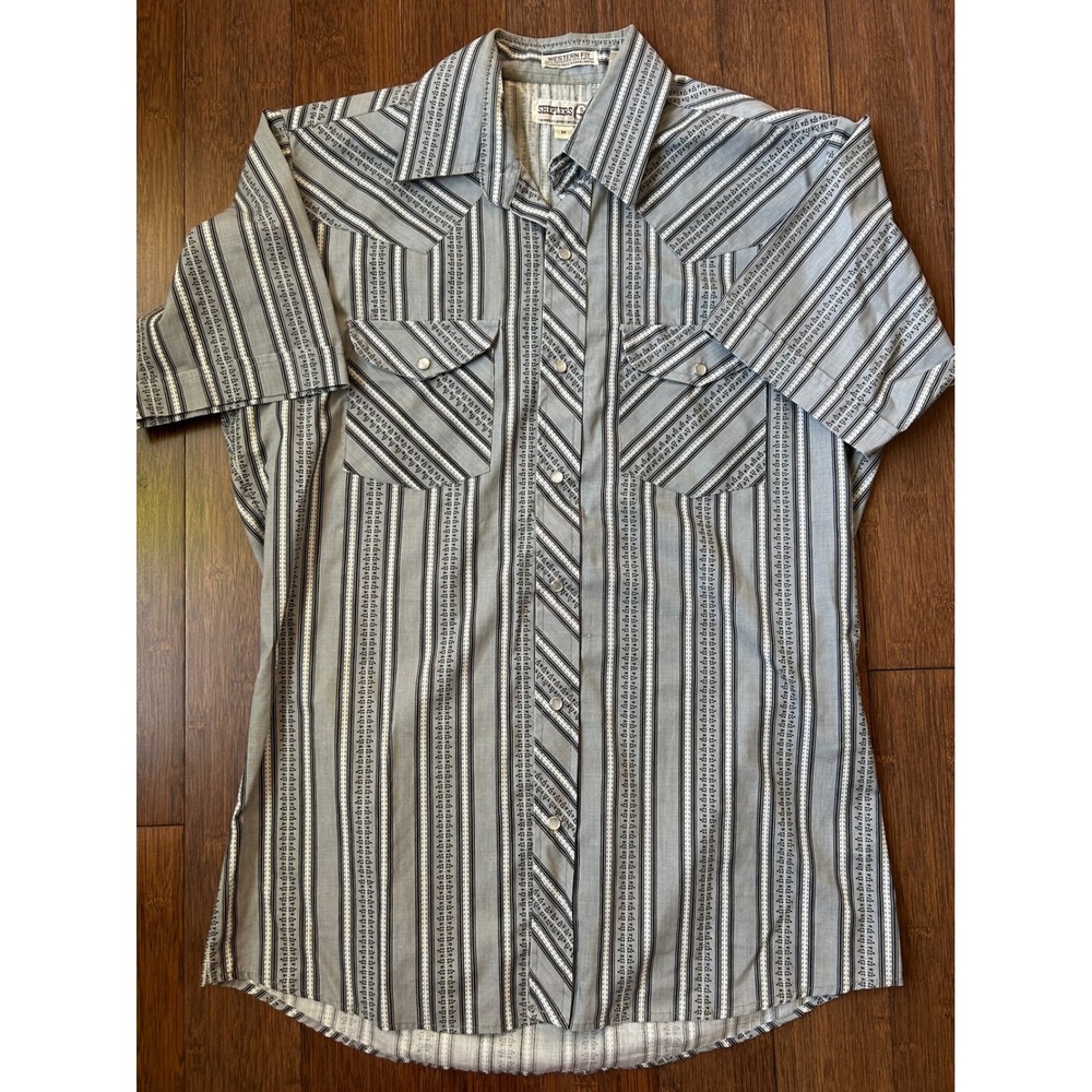 Sheplers Mens Vintage Pearl Snap Western Shirt Gray Striped Short Sleeve Medium